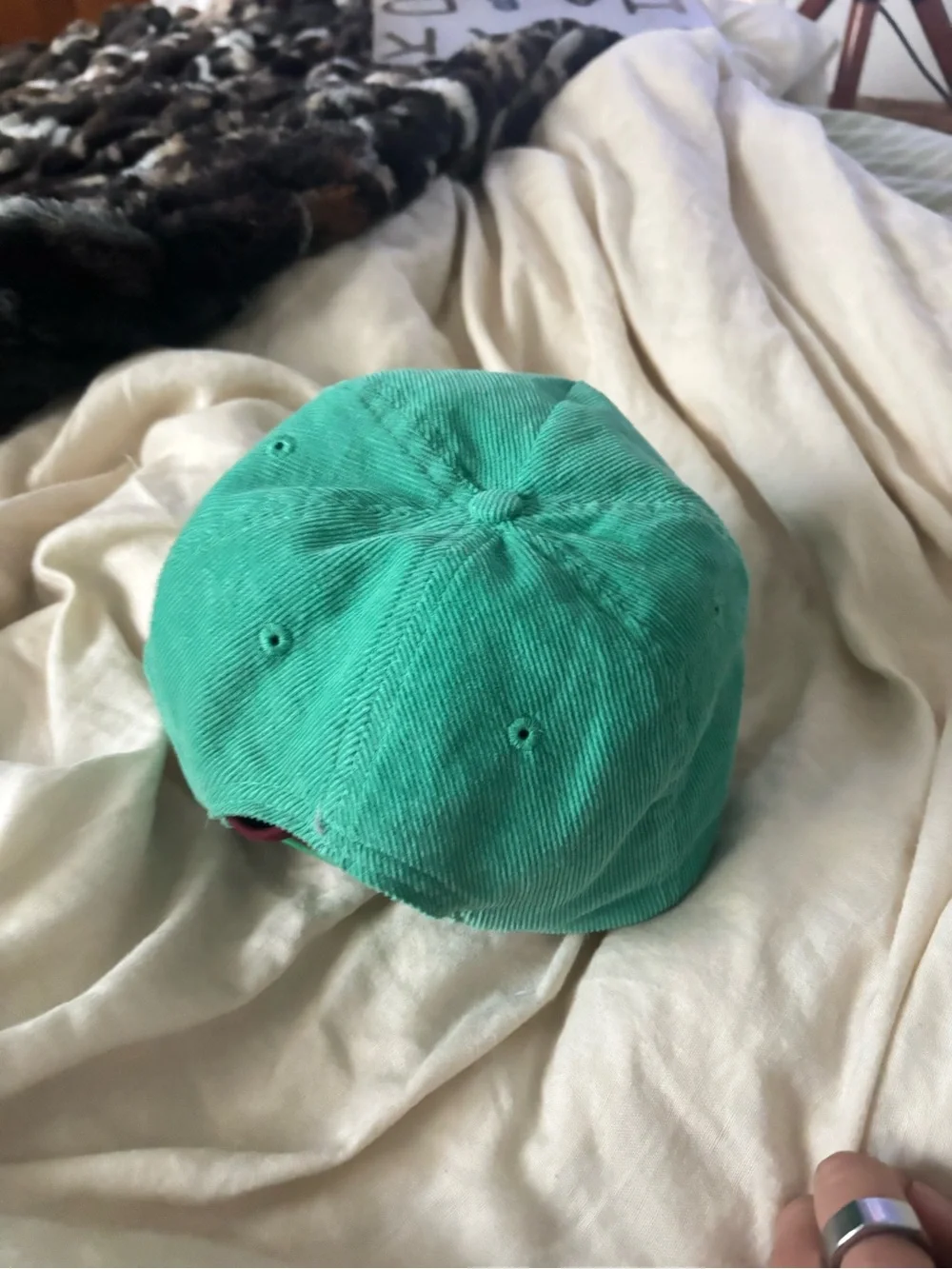' Teal Corduroy Cap with White Floral Embroidery